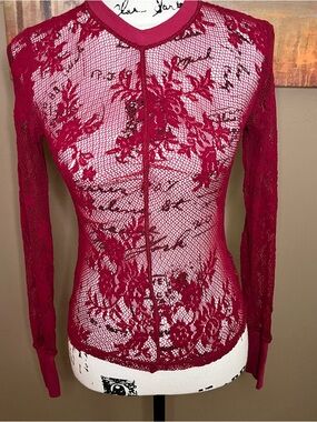 Free People Burgundy Sheer Floral Lace Long-Sleeve Top